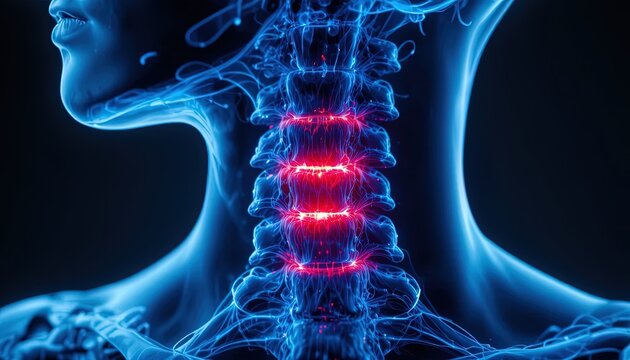 3d medical illustration of glowing cervical spine highlighting nerve pain and inflammation