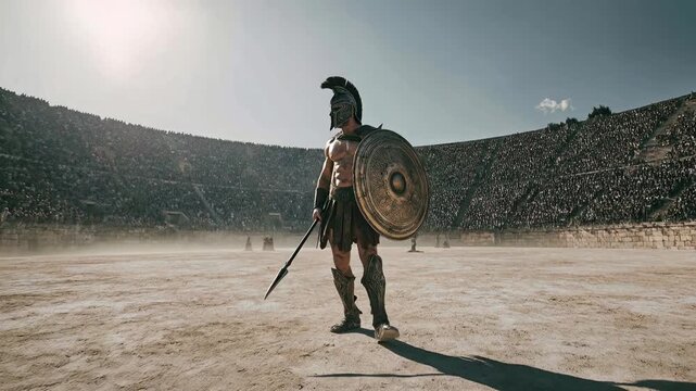Lone gladiator standing in empty arena holding shield and spear capturing isolation anticipation and dramatic silence before battle in ancient coliseum setting with quiet psycholog