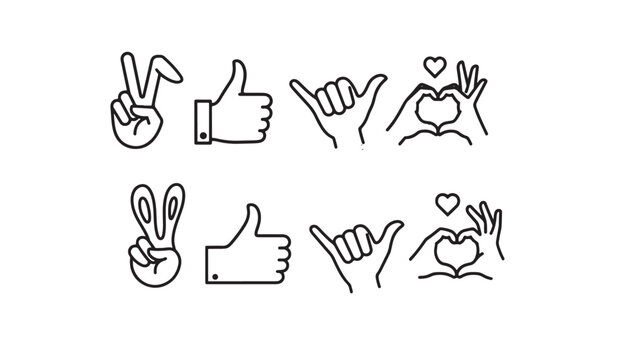 A collection of simple line art hand gesture icons including victory signs and heart hand shapes