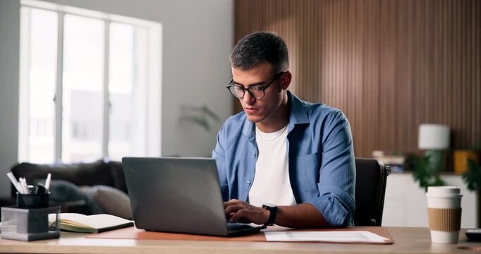 Paperwork, stretching and man with laptop for remote work, proposal submission and relax for done project. Freelancer, rest and happy person with task completion in home, computer and finished report