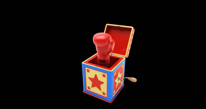 Jack in the box concept with a boxing glove jumping out from a box - 3D animation isolated on transparent background