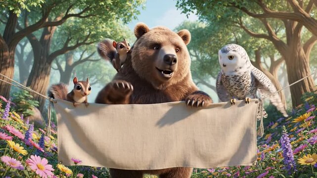 Bear, owl, and squirrels holding banner in forest, ideal for children's book illustration or