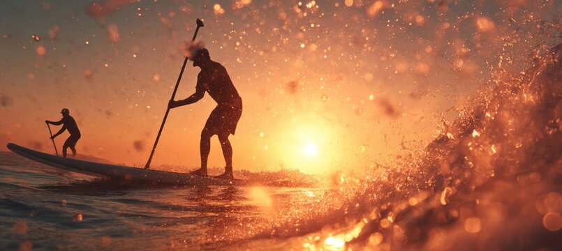 Silhouetted paddleboarders on ocean at sunset with splashing water and vibrant sky colors