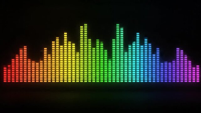 Vibrant rainbow colored o equalizer bars pulsating on a dark background
