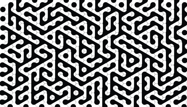 Abstract geometric pattern illustration featuring black interlocking maze lines and circular dots on a white background creating a complex monochromatic labyrinth for modern design.