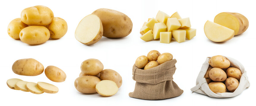 Various types of potatoes in different forms and arrangements on white background