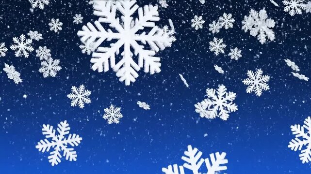 Seamless loop of falling snow and snowflakes on blue background, perfect for winter holidays, no end