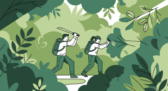 Two explorers navigate a dense jungle environment with machete