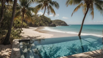 Fototapeta premium Tropical Paradise - Serene Beachfront Villa with Infinity Pool and Palm Trees.