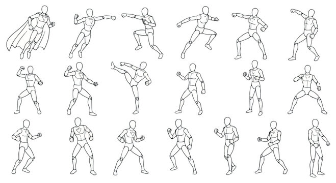 Action figure mannequin poses set, 18 superhero line art icons, articulated wooden doll drawing reference, fighting and flying character sketches