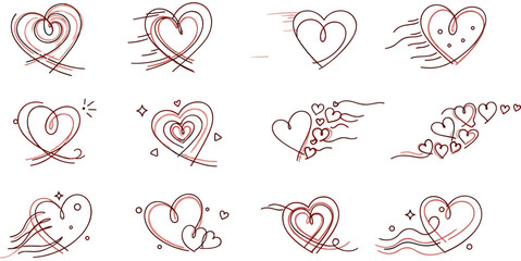Hand drawn dynamic heart doodle collection with motion lines and romantic love symbols, decorative Valentine elements set for greeting cards, wedding invitations, stickers, social media, and romantic  © Aminul