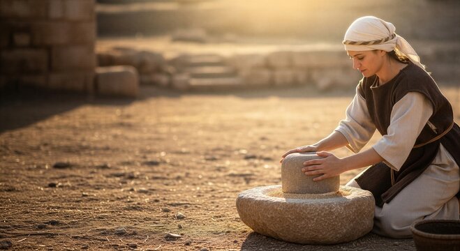 Woman grinding grain with stone mill in biblical setting. Historical peasant working at dawn. Ancient tradition and culture representation. Spiritual narrative scene for religious design.