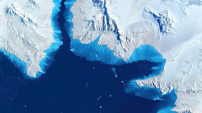 Vista a&eacute;rea de sat&eacute;lite de geleiras na Groenl&acirc;ndia com &aacute;guas azuis profundas e montanhas cobertas de neve sob a luz do sol brilhante.