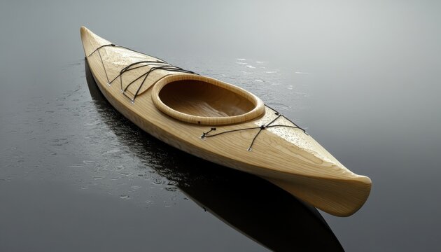 Um caiaque artesanal feito de madeira polida posicionado sobre uma superf&iacute;cie escura e reflexiva que simula a serenidade de um lago tranquilo.