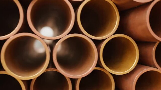 Stacked pipes with construction.