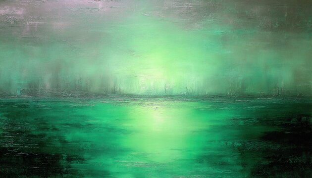 Pintura a &oacute;leo abstrata representando uma paisagem marinha et&eacute;rea com tons vibrantes de verde esmeralda e reflexos de luz sobre a &aacute;gua calma.