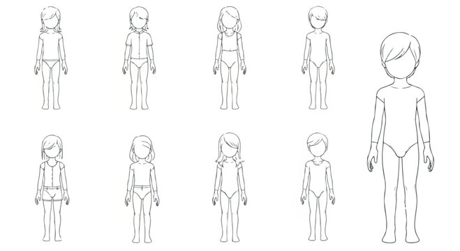 Minimalist child fashion croquis set, 9 female kid body templates for apparel design, line art girl mannequin silhouettes in EPS format