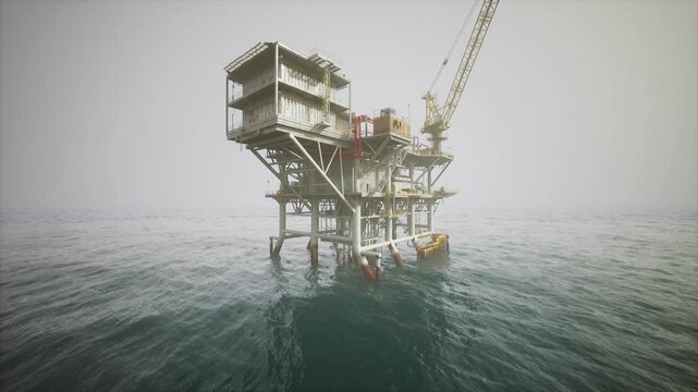 An old oil platform stands prominently in the ocean, surrounded by mist. This structure highlights the offshore extraction methods used for oil production in marine environments.