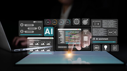 Fototapeta premium AI assistant with chatbot windows, code editor, and performance analytics for intelligent automation and development Parse
