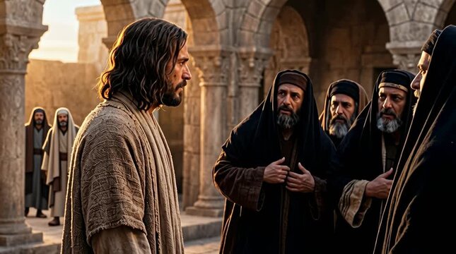 Jesus straightening up and looking directly at the scribes and Pharisees