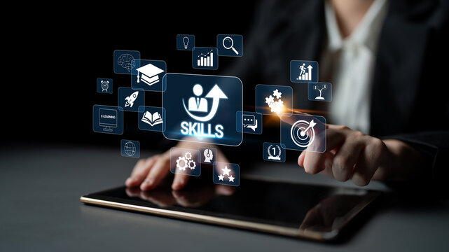 Business professional interacting with digital skill icons on tablet, showcasing personal development, learning, and career advancement strategies in a modern workspace Quark.