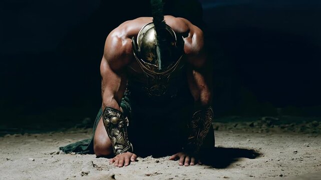 Exhausted gladiator kneeling on ground with head down in arena capturing defeat fatigue and emotional weight after brutal ancient combat under dramatic lighting