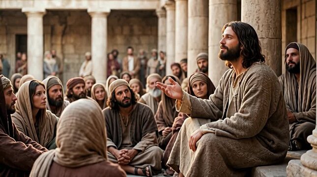 Jesus sitting and teaching a captivated crowd in the temple area