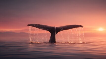 Fototapeta premium Whale tail emerging from ocean water at sunset with cascading droplets and colorful sky