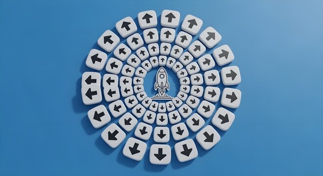 A white rocket ship surrounded by white arrow buttons on transparent background. on transparent background