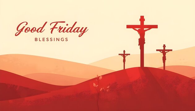 Good friday blessings with three crosses on a hill landscape vector illustration