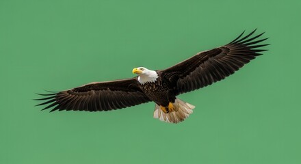 Obraz premium Majestic Bald Eagle in Flight Against a Clear Green Sky