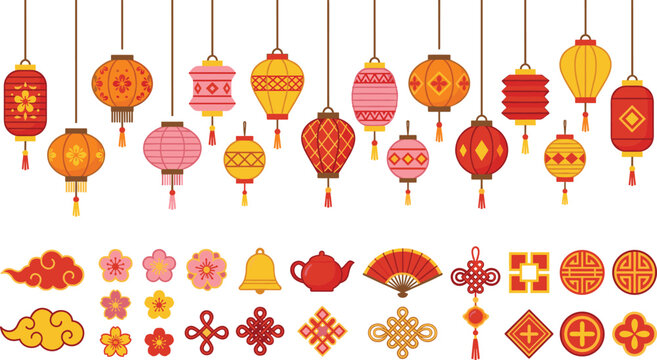 Chinese decorative elements collection featuring lanterns, knots, clouds, blossoms, cultural motifs, vector illustration colorful festive design