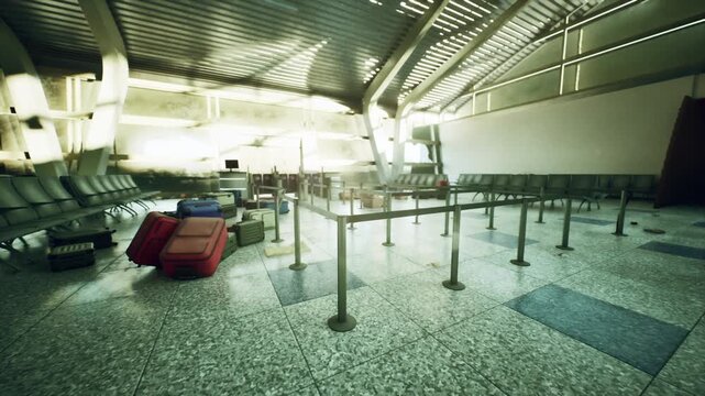An abandoned airport terminal reveals scattered luggage and empty seats, showcasing a desolate atmosphere. The once bustling space now stands still, embodying neglect and times passage.