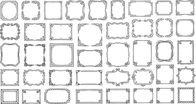 Decorative frame illustration collection, ornamental border designs with swirls, scallops, dots, curls, floral motifs vector artwork