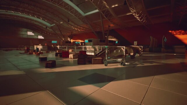 The once busy airport terminal lies empty, with scattered luggage and abandoned carts under warm lighting, casting long shadows across the tiled floor, creating a haunting atmosphere.