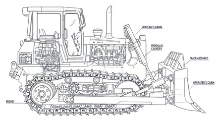 Bulldozer blueprint illustration with labels © Aziz