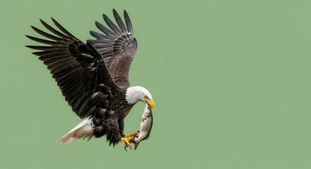 Naklejka premium Majestic Bald Eagle in Flight with Prey Against Soft Green Background