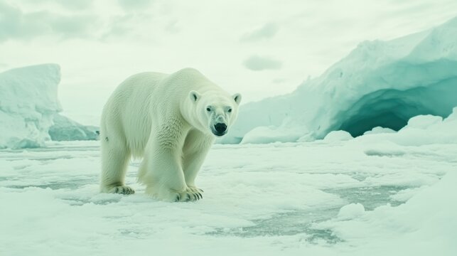 Grande urso polar selvagem em p&eacute; no gelo marinho do &Aacute;rtico com cavernas de gelo e montanhas geladas ao fundo em um cen&aacute;rio de inverno.