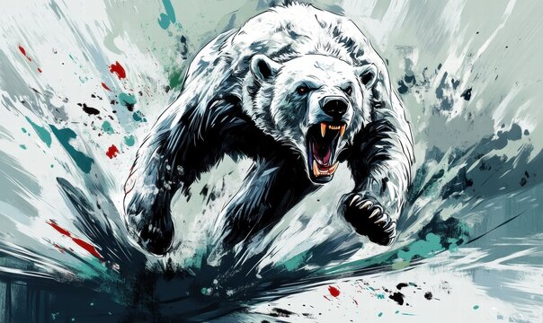 Ilustra&ccedil;&atilde;o art&iacute;stica de um urso polar agressivo saltando atrav&eacute;s do gelo com respingos de tinta colorida e pinceladas din&acirc;micas e expressivas.