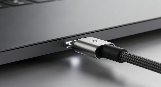 A close up view of a modern metallic usb type c cable being plugged into a sleek dark grey laptop