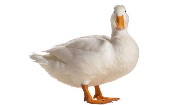 Majestic domestic white duck standing gracefully, facing the camera, isolated studio shot PNG on transparent background, perfect for farm animal projects