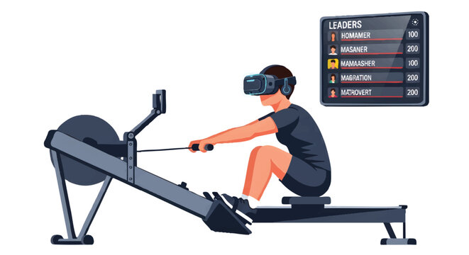 Man using virtual reality headset while rowing on exercise machine