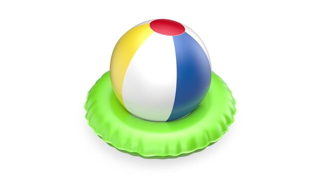 Colorful beach ball and green swim ring on white background