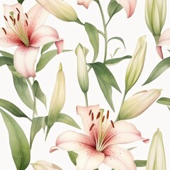 Obraz premium Motif sans couture de lys roses élégants avec des boutons et des feuilles vertes sur un fond blanc, idéal pour le textile et le papier peint.