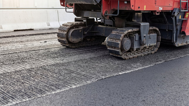 Road milling machine removing old asphalt surface on highway. Heavy equipment for road construction and maintenance. Paving process on city street. Industrial engineering machinery.