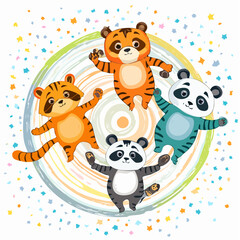 Obraz premium Cute cartoon tigers and pandas dancing in a circle with confetti