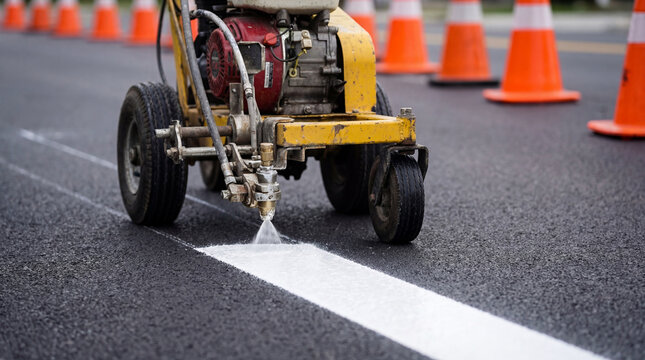 Road marking machine painting white line on fresh asphalt. Vehicle for application of traffic striping on highway. Infrastructure maintenance and industrial construction works process.