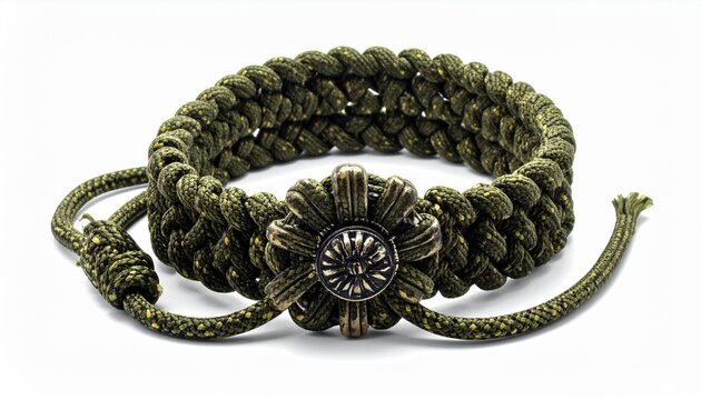 Green paracord bracelet with decorative flower centerpiece woven cobra knot