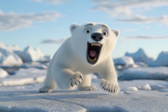 Um urso polar fofo em anima&ccedil;&atilde;o 3D expressando surpresa extrema com a boca aberta em uma paisagem &aacute;rtica ensolarada com icebergs ao fundo.