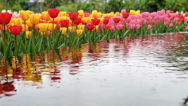 Vibrant Tulips Blooming in Rainy Garden with Reflective Puddles, Slow Motion Footage, symbolizing renewal and beauty in adversity